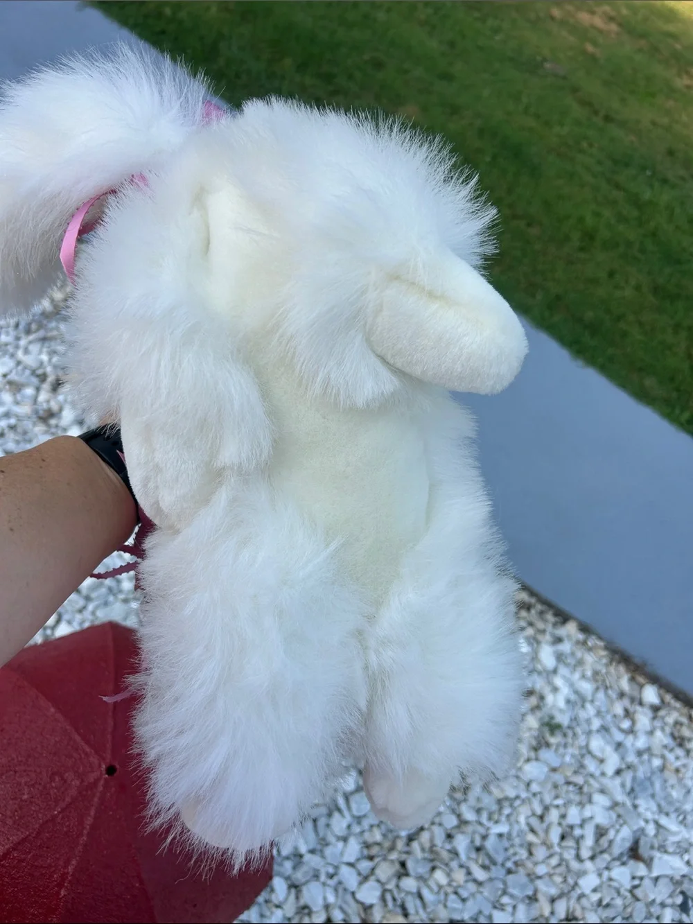 White Plush Cat Toy with Pink Ribbon and Floral Hat